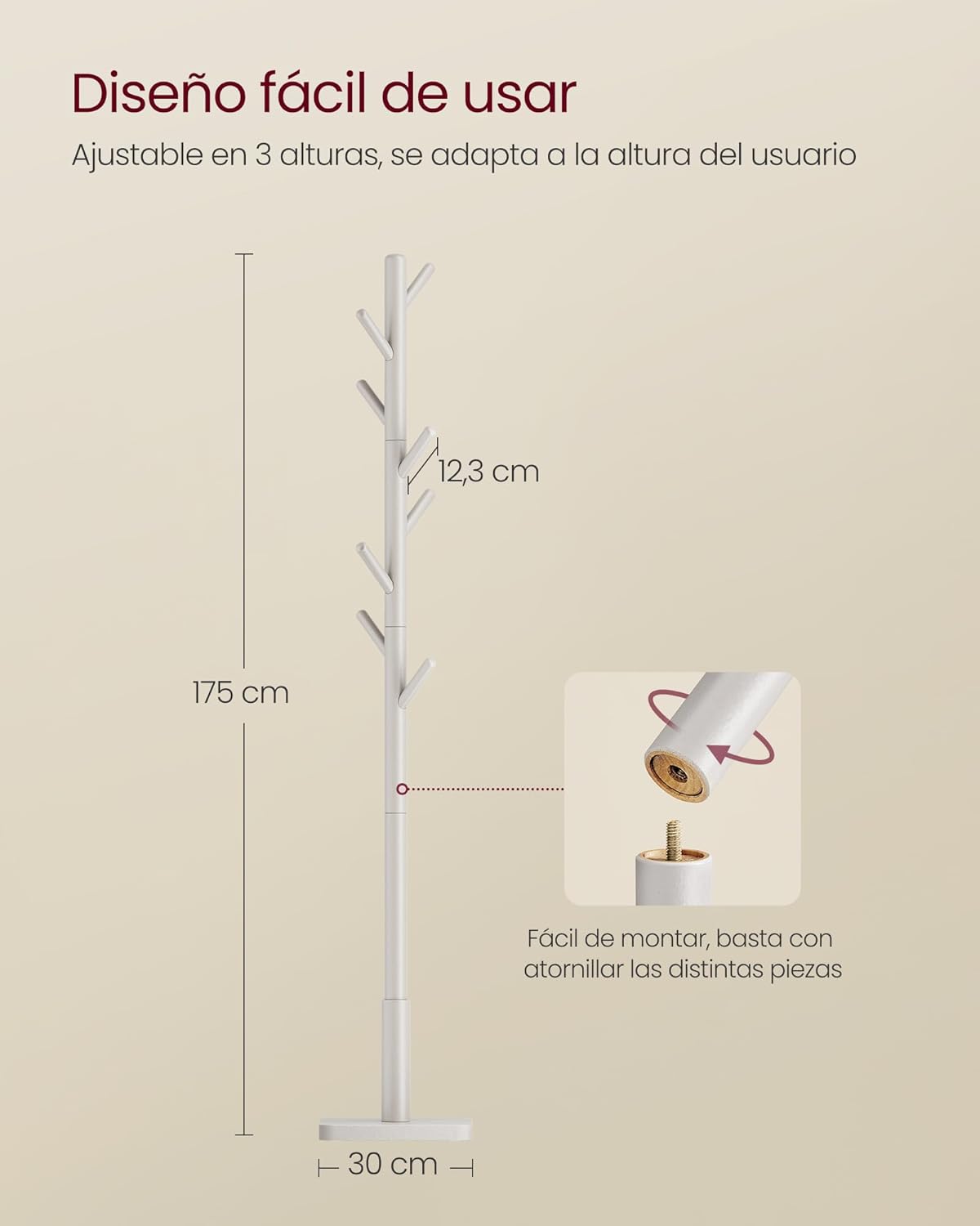 VASAGLE Perchero De Madera Maciza, Perchero De Pie Con 8 Ganchos Para Abrigo, Sombrero, Bolso, Cartera, Para Entrada, Pasillo, Ganchos Y Mástil De Madera De Caucho, Beige Capuchino RCR010K01