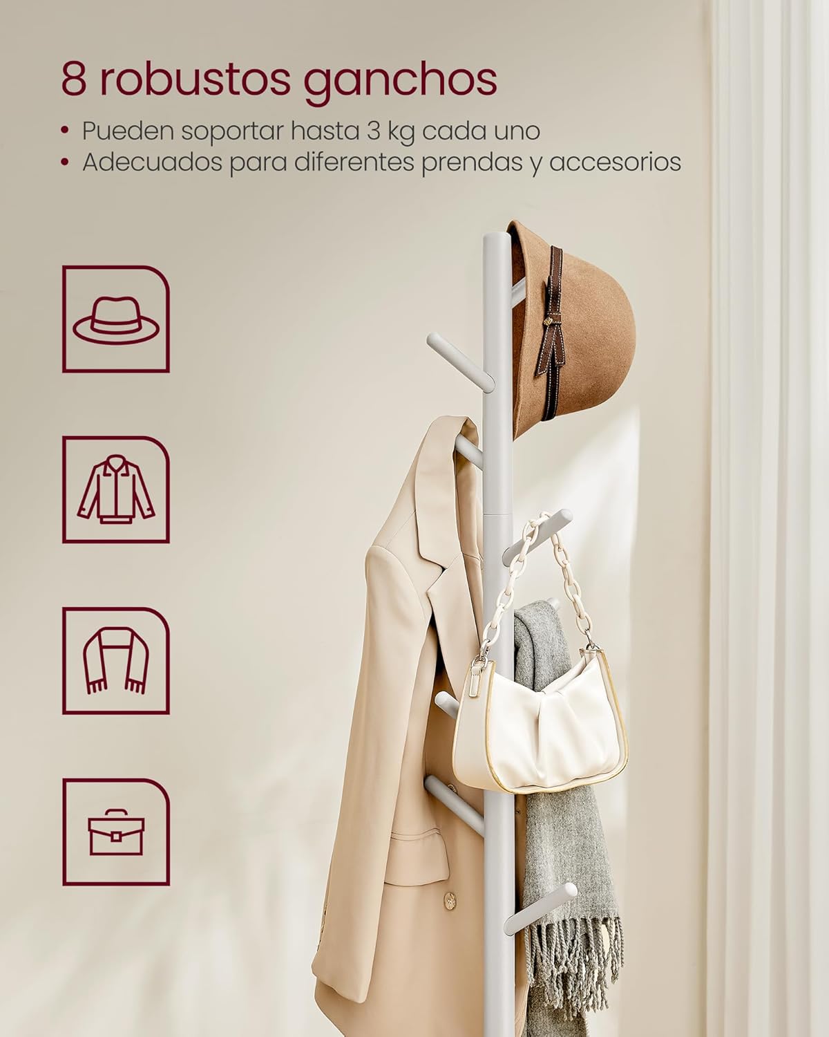 VASAGLE Perchero De Madera Maciza, Perchero De Pie Con 8 Ganchos Para Abrigo, Sombrero, Bolso, Cartera, Para Entrada, Pasillo, Ganchos Y Mástil De Madera De Caucho, Beige Capuchino RCR010K01