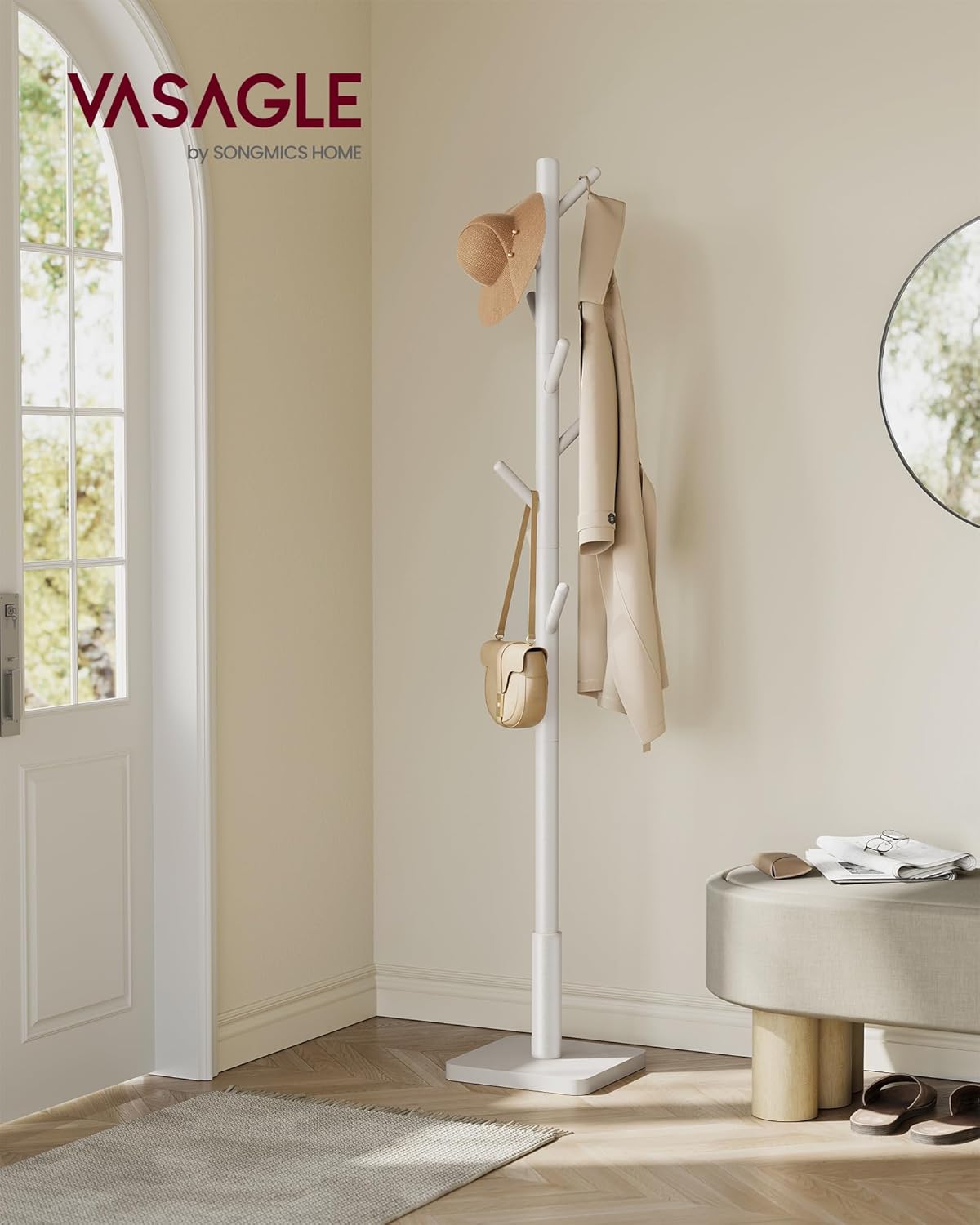 VASAGLE Perchero De Madera Maciza, Perchero De Pie Con 8 Ganchos Para Abrigo, Sombrero, Bolso, Cartera, Para Entrada, Pasillo, Ganchos Y Mástil De Madera De Caucho, Beige Capuchino RCR010K01