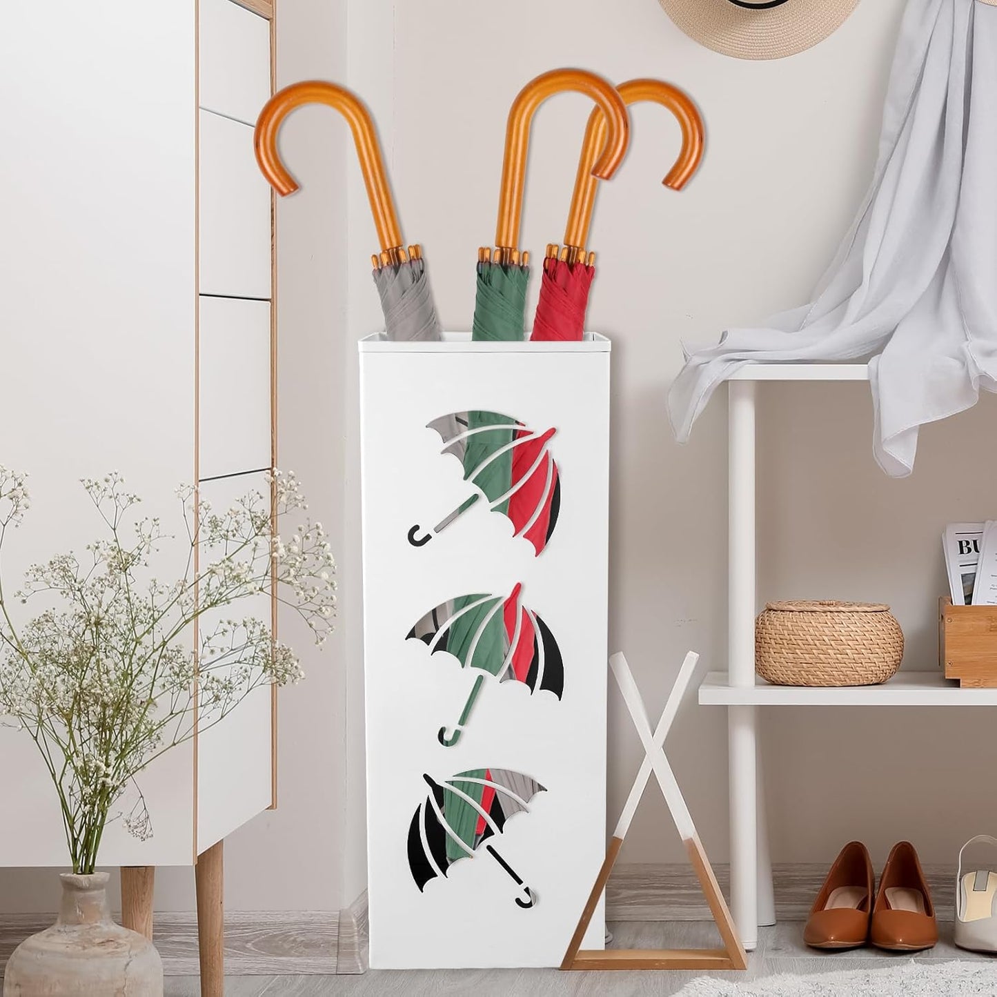 Paragüero De Diseño Moderno Para Paraguas, De Metal, Impermeable, Antioxidante, Para Exterior/Interior, Diseño Para Casa, Oficina, Pasillo, Entrada, 42 X 16 X 16 Cm (Blanco)