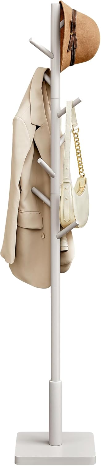 VASAGLE Perchero De Madera Maciza, Perchero De Pie Con 8 Ganchos Para Abrigo, Sombrero, Bolso, Cartera, Para Entrada, Pasillo, Ganchos Y Mástil De Madera De Caucho, Beige Capuchino RCR010K01